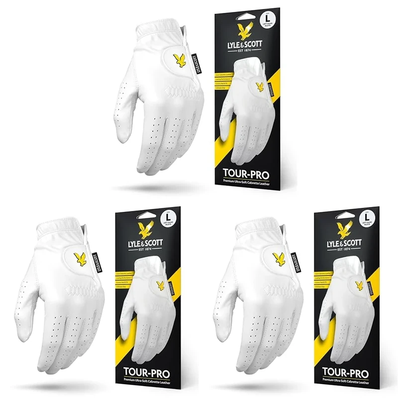 Lyle & Scott Tour Pro Premium Ultra Soft Cabretta Leather Golf Glove - Ultimate Grip, Moisture Control, Durable - Men's Golf Glove, White, Large, Left Hand (Pack of 3)