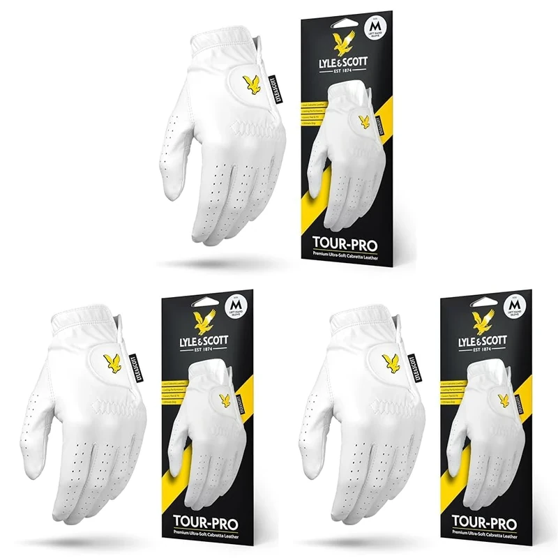 Lyle & Scott Tour Pro Premium Ultra Soft Cabretta Leather Golf Glove - Ultimate Grip, Moisture Control, Durable - Men's Golf Glove, White, Medium, Left Hand (Pack of 3)