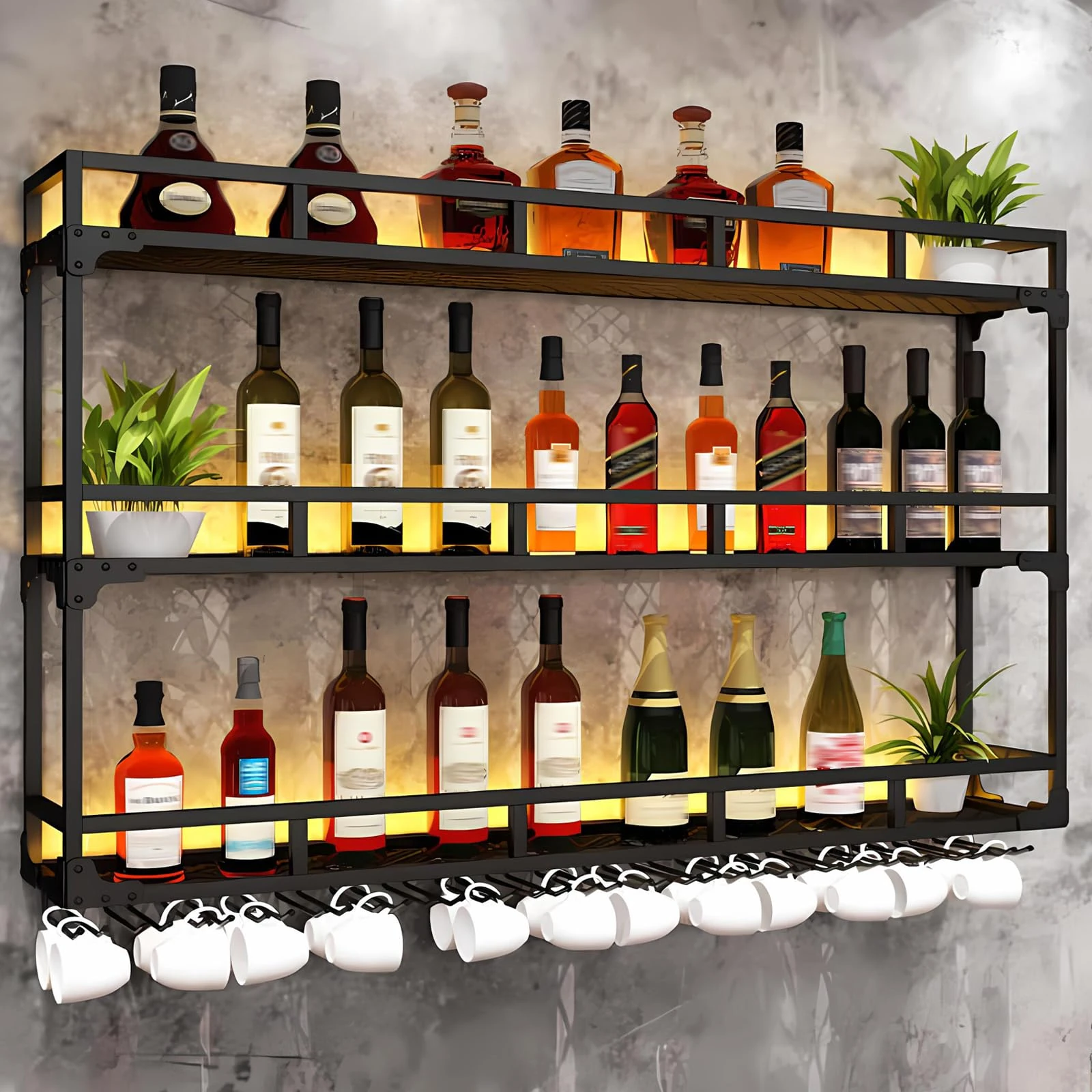 SPTZQURY Wall Mounted Wine Rack, 3 Tier Large Metal Industrial Liquor Bottles Shelf with Glass Holder For Kitchen Bar Dining Room Decoration (Black, 100cm) (Black, 200cm)