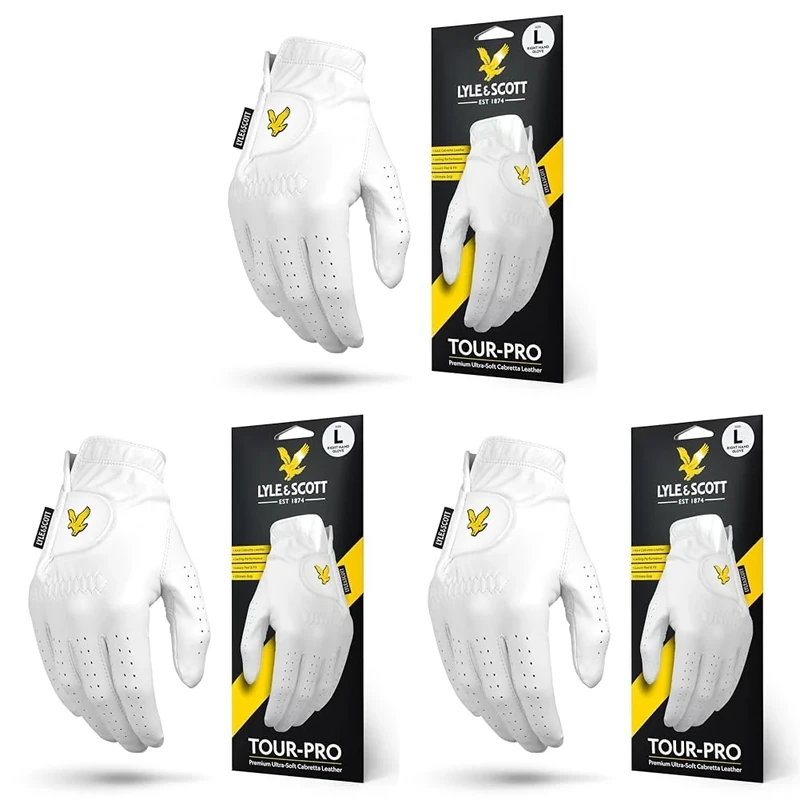 Lyle & Scott Tour Pro Premium Ultra Soft Cabretta Leather Golf Glove - Ultimate Grip, Moisture Control, Durable - Men's Golf Glove, White, Large, Right Hand (Pack of 3)