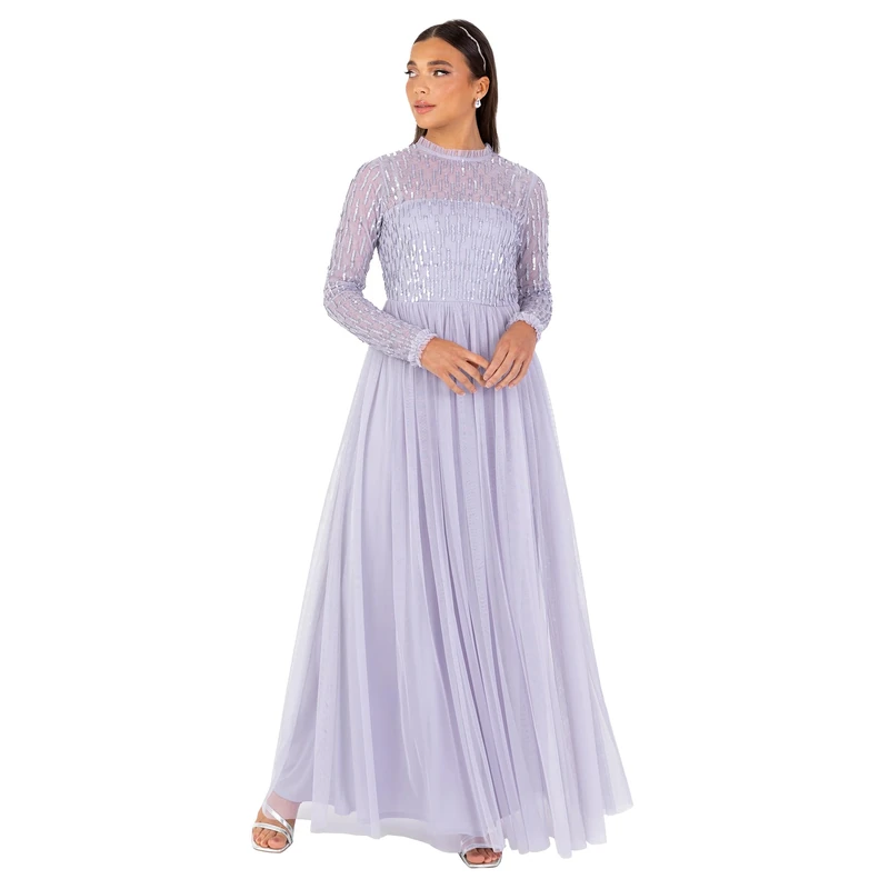 Maya Deluxe Women's Maxi Dress Ladies Modest High Neck Long Sleeve Tulle Sequin Embellished A-line Wedding Guest Bridesmaid Prom, Thistle Lilac 20