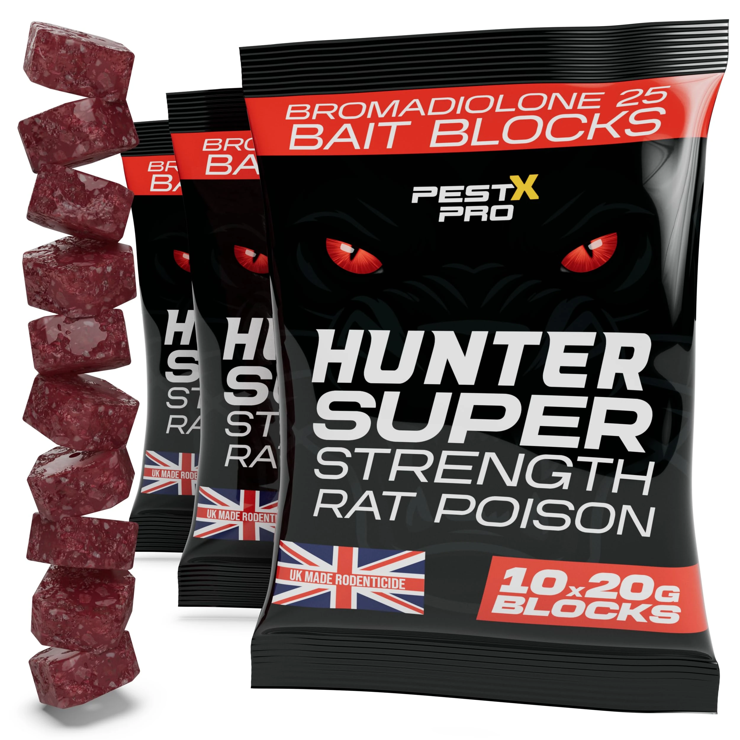 Pest X Pro Hunter – Rat Poisoning Super Strength, 3 × 200 g Sachets, Professional Rat & Mouse Killer Bait, Indoor & Outdoor Rodent Control with Bromadiolone