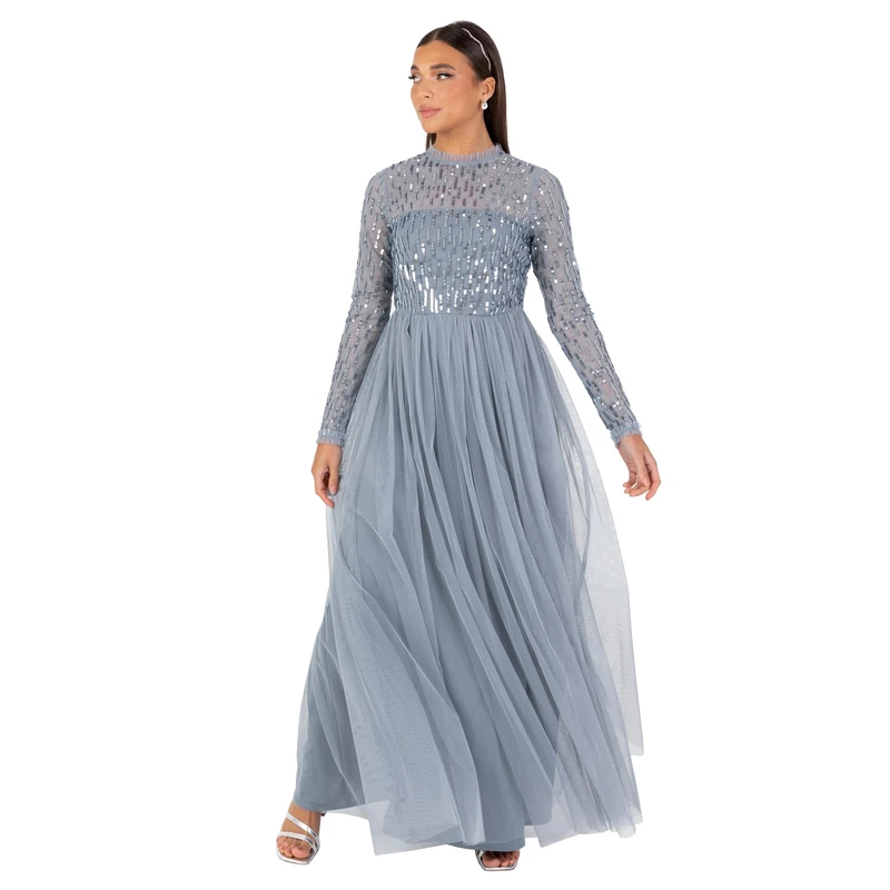 Maya Deluxe Women's Maxi Dress Ladies Modest High Neck Long Sleeve Tulle Sequin Embellished A-line Wedding Guest Bridesmaid Prom, Dusty Blue 8