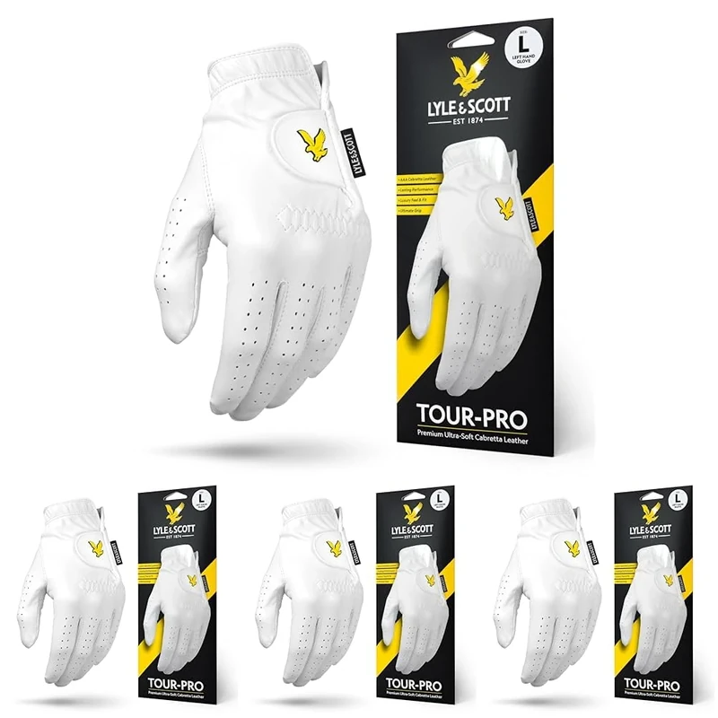 Lyle & Scott Tour Pro Premium Ultra Soft Cabretta Leather Golf Glove - Ultimate Grip, Moisture Control, Durable - Men's Golf Glove, White, Large, Left Hand (Pack of 4)
