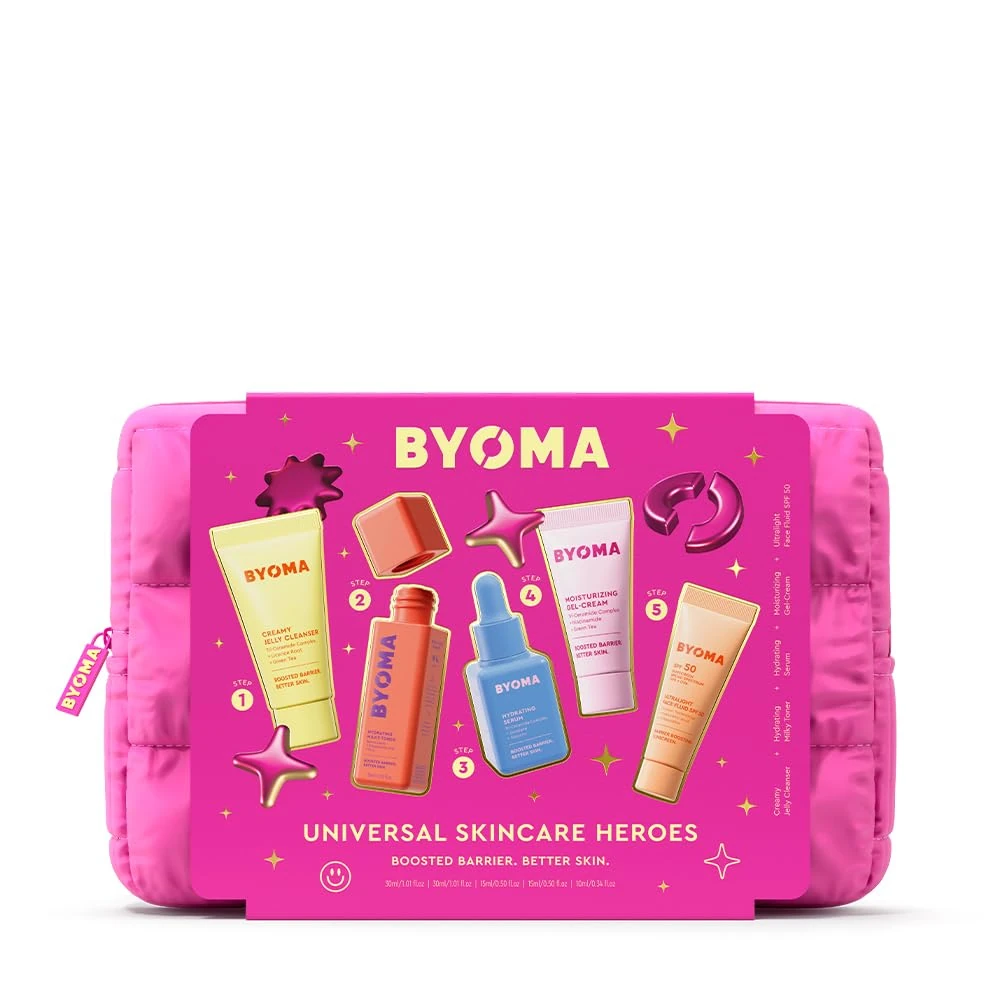 BYOMA Universal Skincare Heroes (5-Piece Kit) - Skincare Gift Set with Jelly Cleanser, Milky Toner, Hydrating Serum, Gel Cream & SPF 50 - Skin Barrier Repair Gift Set with Makeup Bag