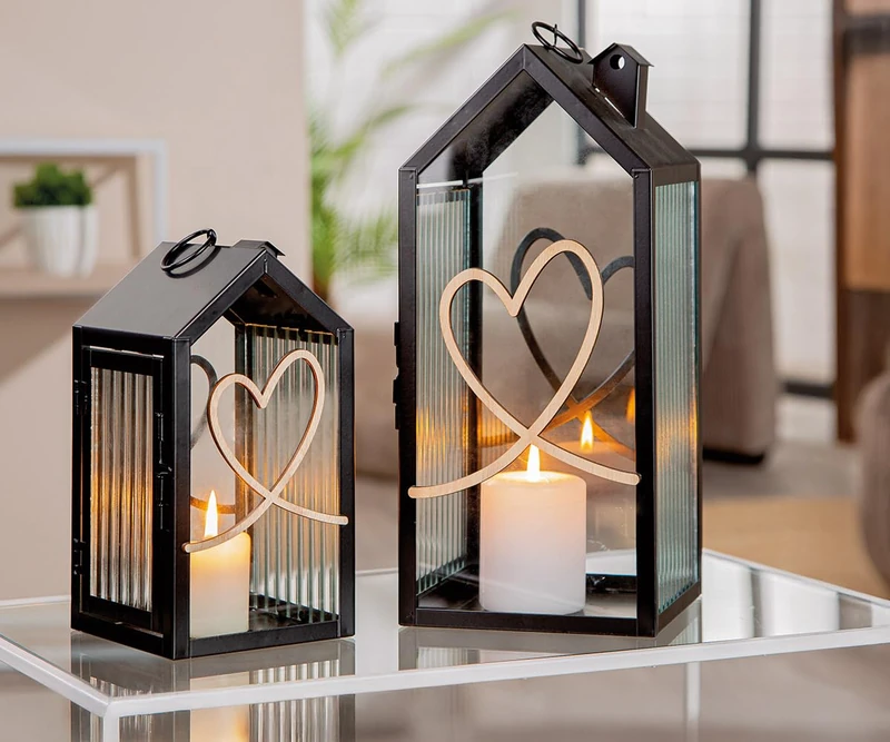 GILDE Set of 2 Heart Lanterns Made of Glass and Metal - Height 32 cm - Matte Black - Ribbed - House Shape - Heart Motif - Image 1