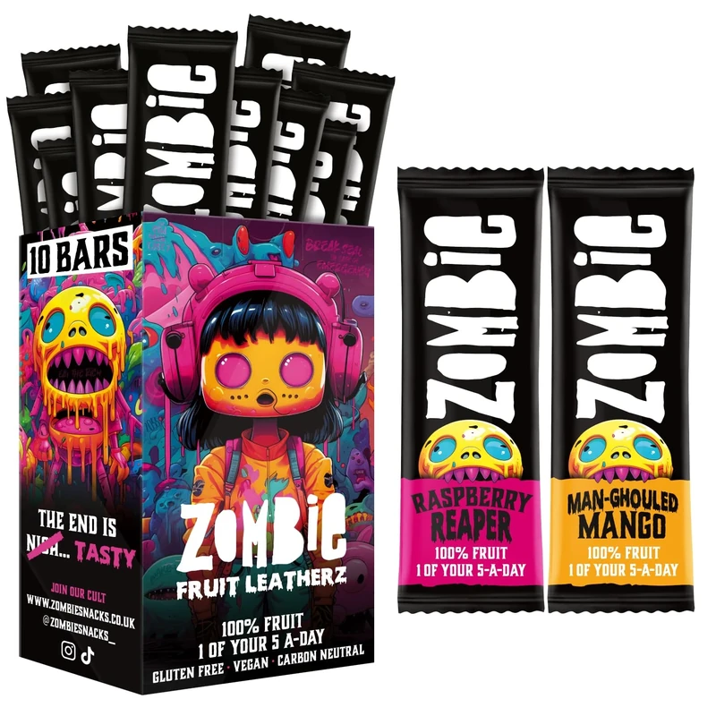 Zombie Fruit Bars, Raspberry & Mango (10 Bars, 2 Flavours), 100% Dried Fruit, Healthy Snacks, Adults, Kids, Office, Low Calorie, Gluten Free, Vegan, Halal, Bulk, Real Fruit, No Added Sugar, Natural