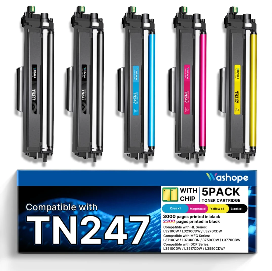 TN247 TN-243CMYK Toner Cartridge Compatible for Brother TN247 TN243 DCP-L3550CDW DCP-L3510CDW HL-L3210CW HL-L3230CDW MFC-L3750CDW MFC-L3710CW Printer (Black, Cyan, Yellow, Magenta, 5-Pack)