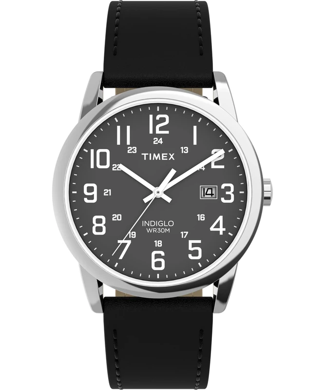 Timex Men's Easy Reader 38 mm Watch - Black Leather Strap with Black Dial and Silver-Tone Case TW2Y12800