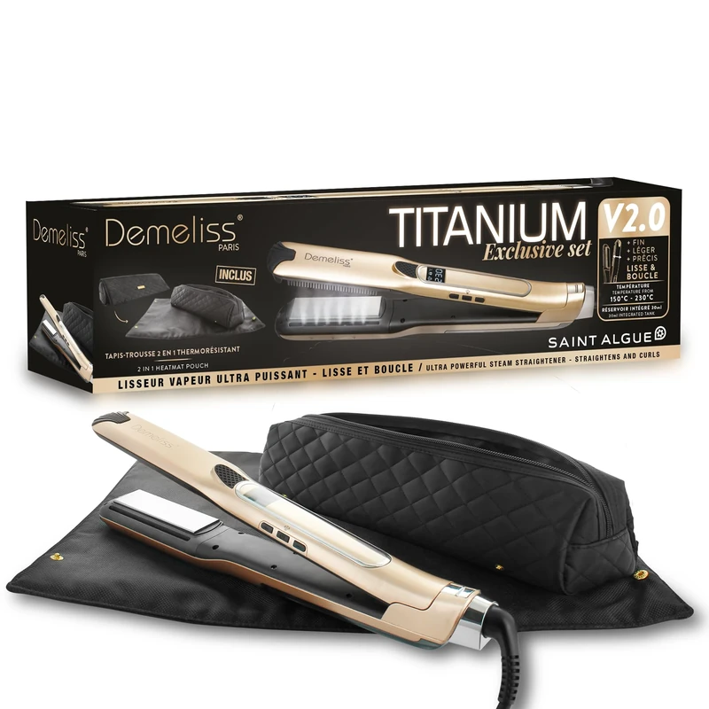 Demeliss Saint Algue Titanium V2.0 Steam Straightener Set - Includes 2-in-1 Mat - High Performance Smoothing and Intense Hydration - for All Hair Types