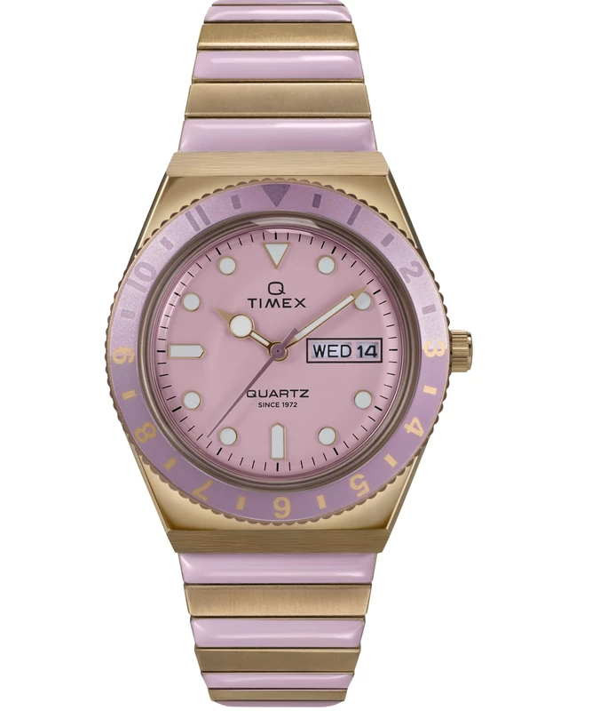 Timex Women's Q 36 mm Watch - Two-Tone Stainless Steel Expansion Band with Pink Dial and Gold-Tone Case TW2W87600