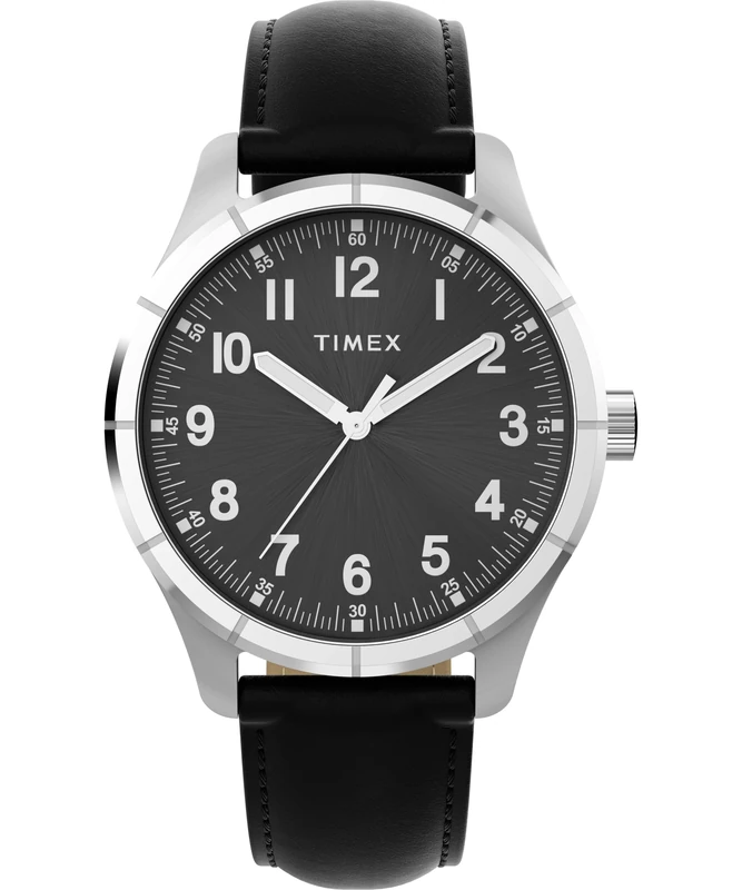 Timex Men's Main Street 42 mm Watch - Black Leather Strap with Black Dial and Silver-Tone Case TW2Y16100