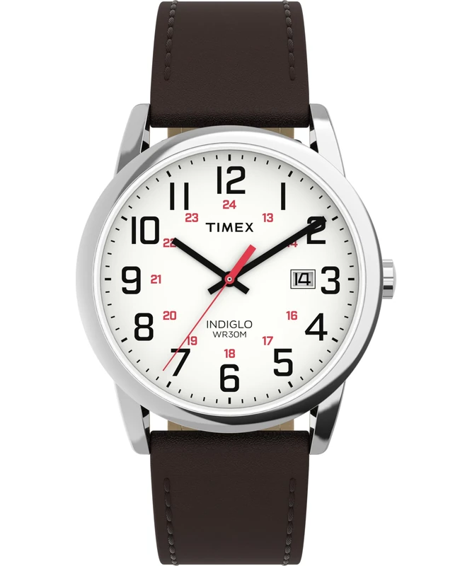 Timex Men's Easy Reader 38 mm Watch - Brown Leather Strap with White Dial and Silver-Tone Case TW2Y12600