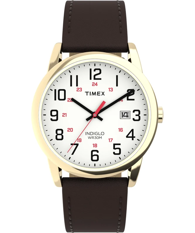 Timex Men's Easy Reader 38 mm Watch - Brown Leather Strap with White Dial and Gold-Tone Case TW2Y12700