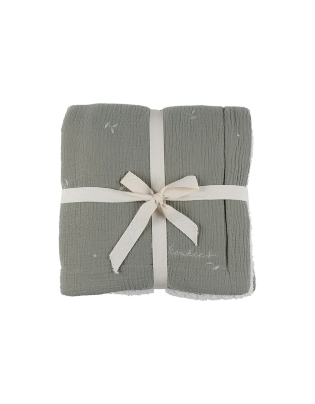 NOUKIE'S – Baby Blanket 100 x 140 cm Embroidered Muslin & Sherpa – Khaki – Soft and Warm – Ideal from Birth - Image 1