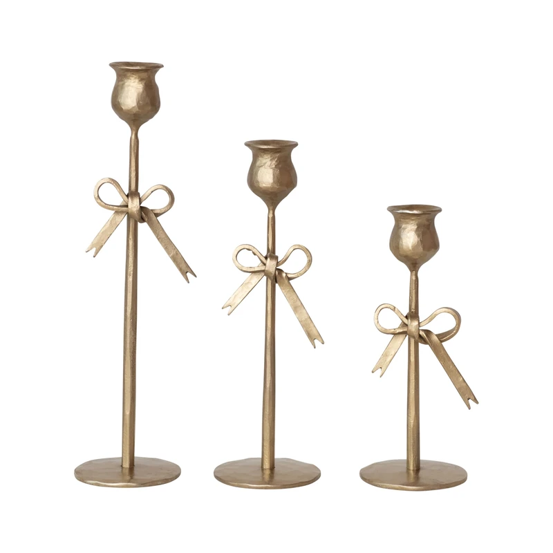 Creative Co-Op 3-Piece Hand-Forged Bow Shaped Metal Taper Candle Holders, Antique Gold Finish - Image 1