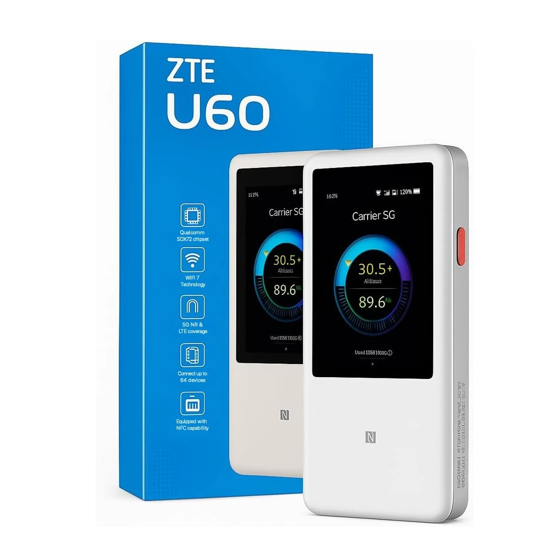 ZTE U60 5G Mobile WiFi7 Hotspot, 5000mAh Battery, 3.5” easyuse touchscreen, Global 5G NR&LTE coverage, seamless 2.4GHz & 5GHz, NFC, USB-C, Supports 64 Users, parental controls