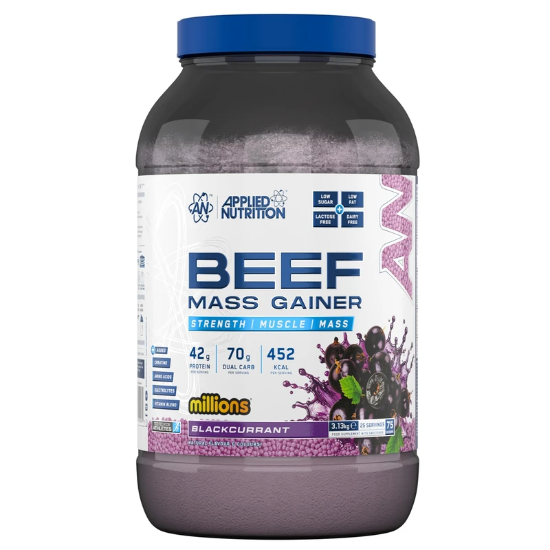 Applied Nutrition Beef Mass Gainer Protein Powder – 42g Beef Protein Isolate, High Calorie Weight Gainer Supplement, Lactose Free, Low Sugar (3.13kg – 25 Servings) (Blackcurrant Millions)