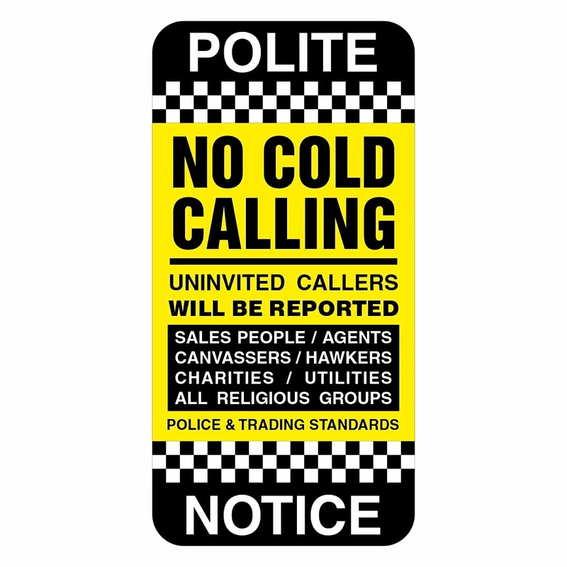 No Cold Calling Door Sign, 45mm x 90mm, Self-Adhesive Vinyl Sticker, Police Notice for Uninvited Callers (1)