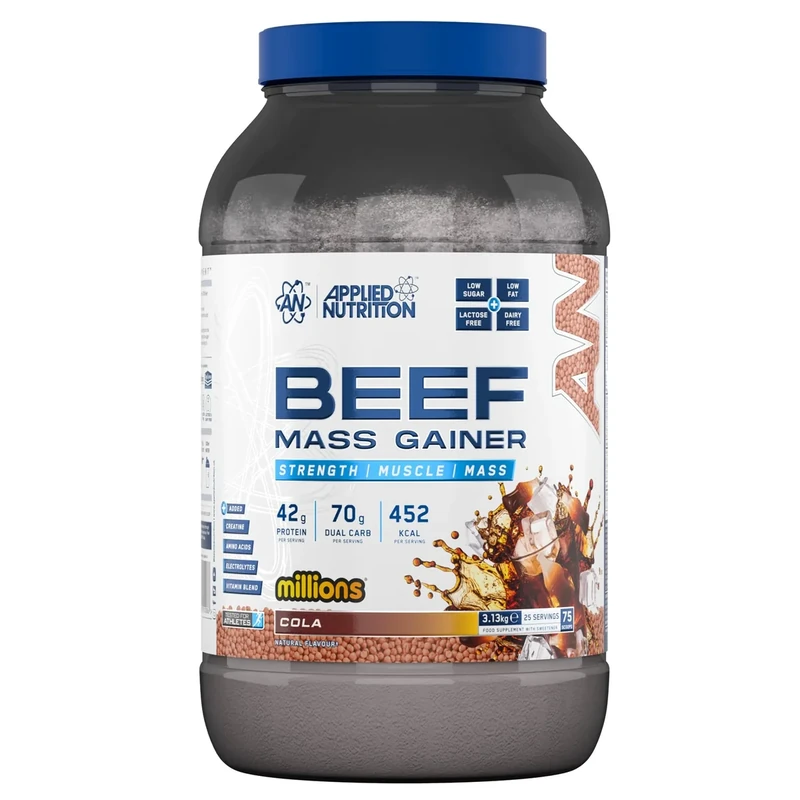 Applied Nutrition Beef Mass Gainer Protein Powder – 42g Beef Protein Isolate, High Calorie Weight Gainer Supplement, Lactose Free, Low Sugar (3.13kg – 25 Servings) (Cola Millions)