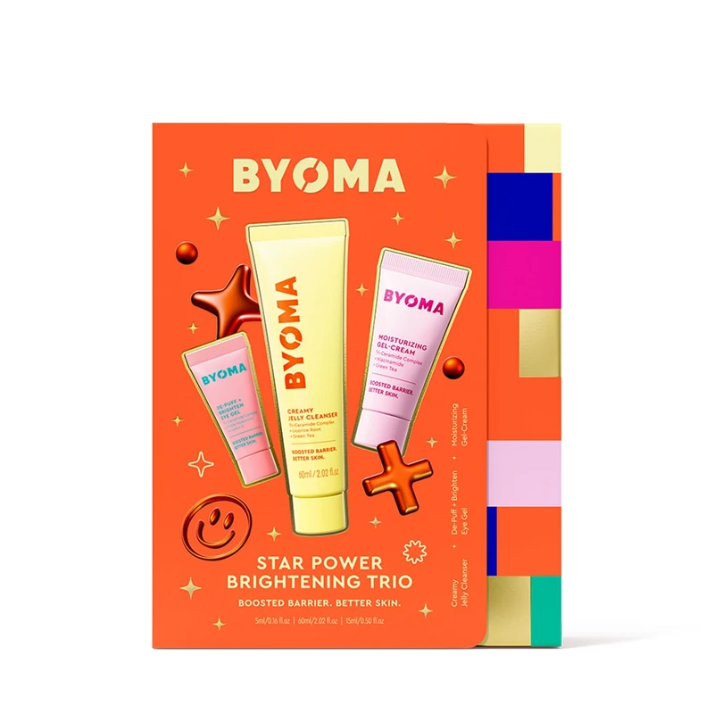 BYOMA Star Power Brightening Trio – 5ml De-Puff & Brighten Eye Gel, 60ml Creamy Jelly Cleanser, 15ml Moisturising Gel-Cream for Ultra-Hydrated, Healthy Skin