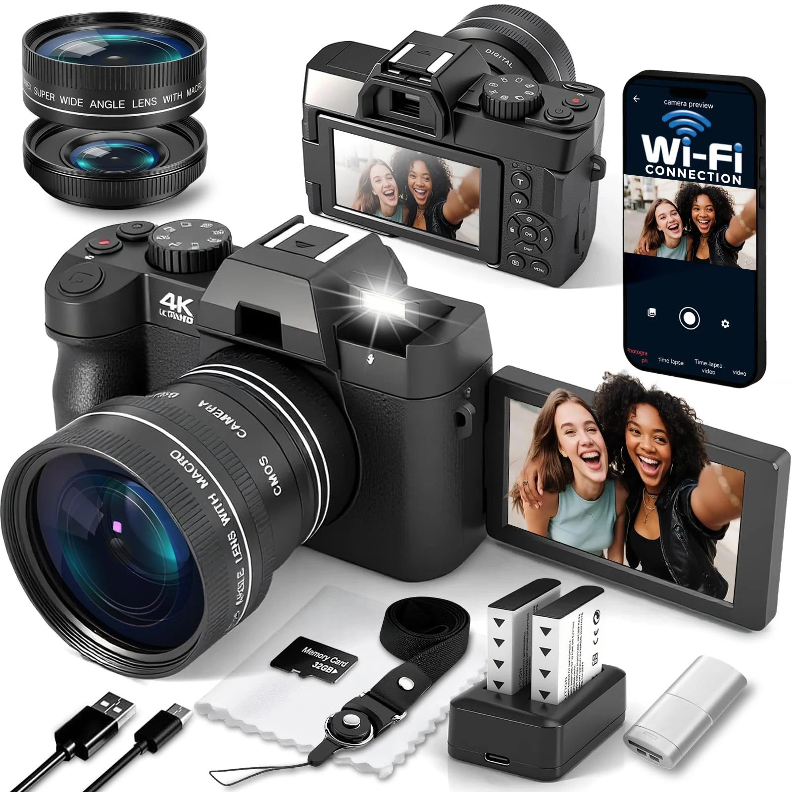 4K Digital Camera for Photography with WiFi Vlogging Camera for YouTube Auto-Focus Compact Digital Camera with Flip Screen, with 2 Batteries, Wide & Macro Lens, MicroSD Card, Card Reader