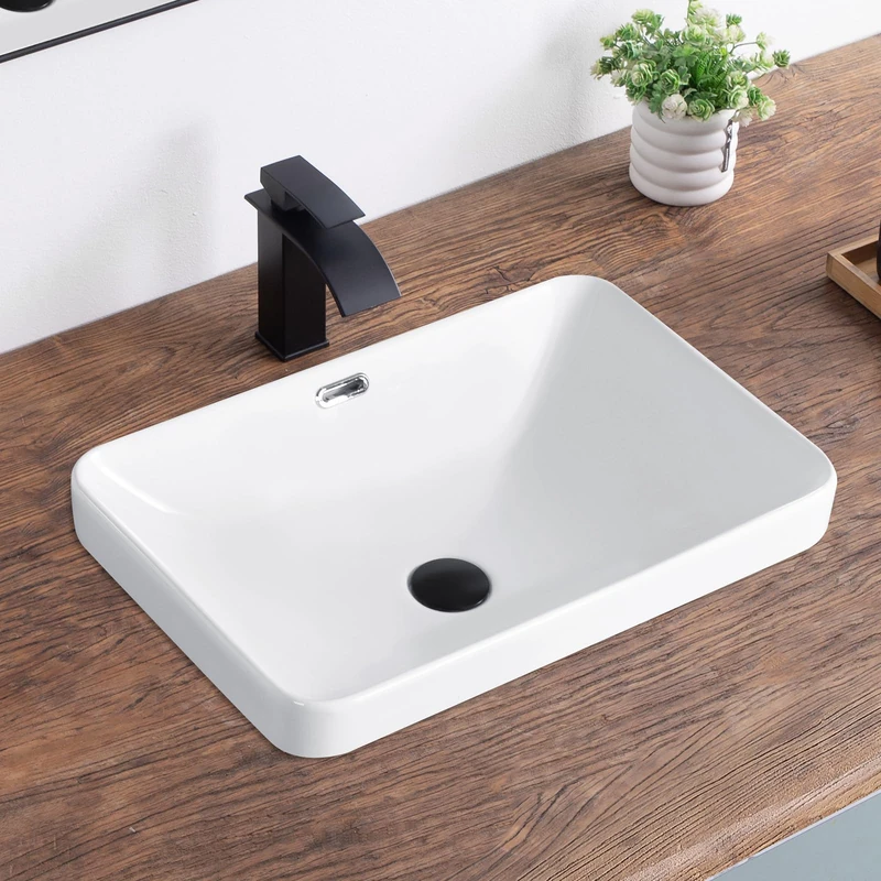KDKSC Bathroom Vessel Sink 21.6" X 14.3" Semi Recessed Bathroom Sink Rectangular Drop in Bathroom Sinks with Overflow White Ceramic Vessel Sinks for Bathroom Modern Above Counter Basin Vanity Sink