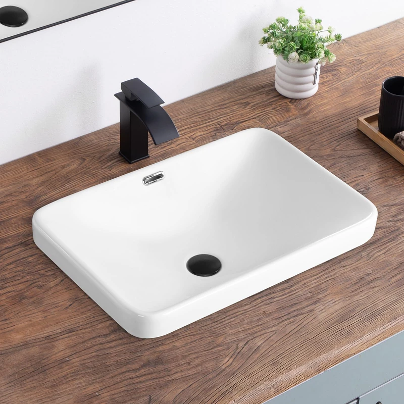 KDKSC Bathroom Vessel Sink 23.2" X 15.5" Semi Recessed Bathroom Sink Rectangular Drop in Bathroom Sinks with Overflow White Ceramic Vessel Sinks for Bathroom Modern Above Counter Basin Vanity Sink