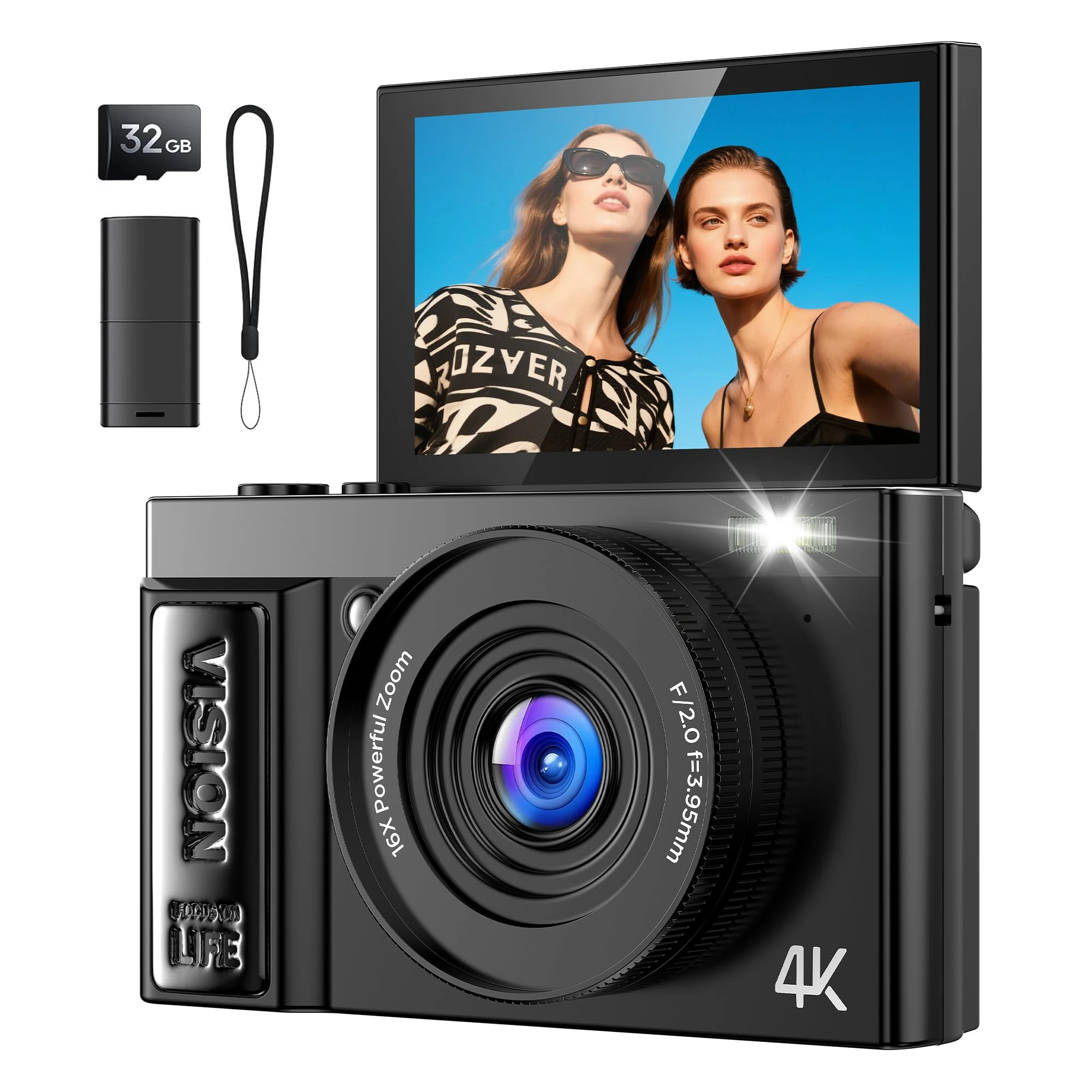 Digital Camera 4K for Photography Vlogging: 64MP Cameras for Video with Autofocus - 16X Zoom Photo Camera Gifts for Teens Ages 8-18 - 180°Flip Screen Compact Cámara - Point and Shoot Digital Cameras