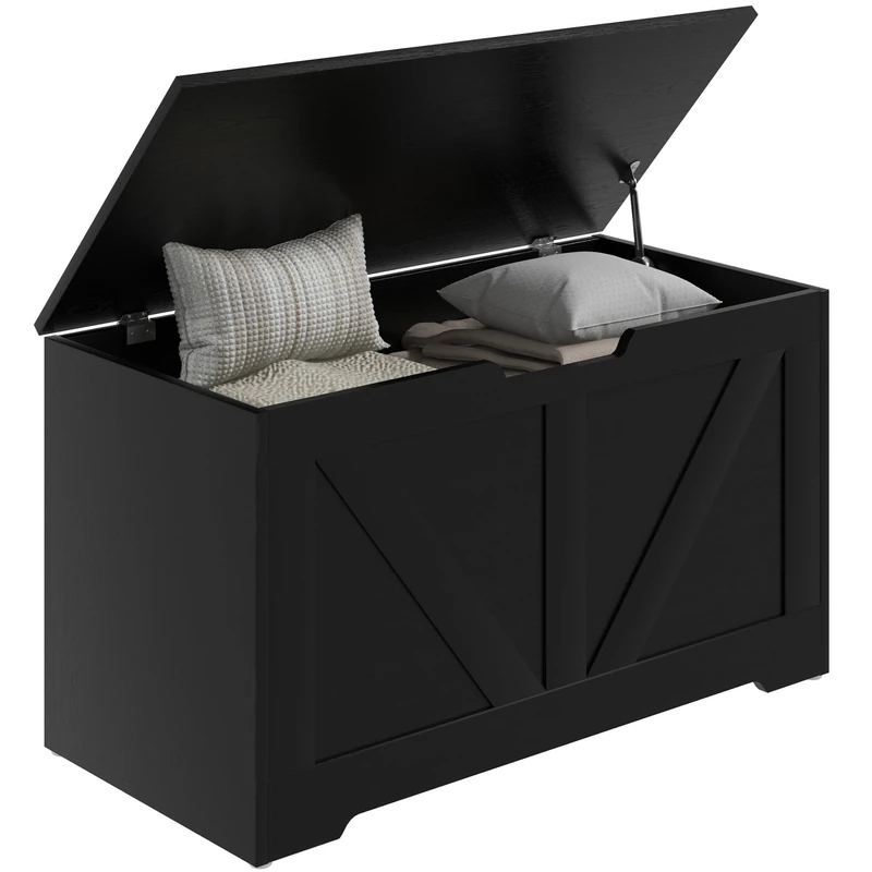 HOMCOM 100L Storage Chest, Storage Trunk with 2 Safety Hinges and U-shaped Cut-out Pull, Organiser Box for Living Room, Entryway, 80 x 40 x 45 cm, Black Wood-Effect