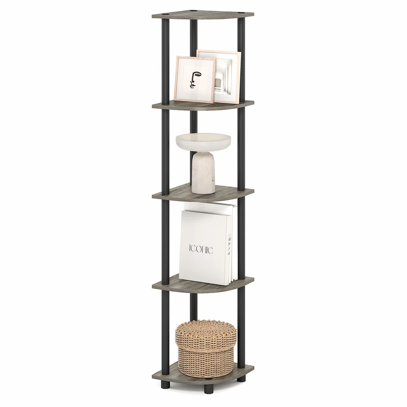 Furinno TURN-N-TUBE Corner Shelf, 5-Tier Corner Bookshelf, Open Storage Shelves, for Organization and Storage, Living Room, Home Office, Garage, Bedroom, Grey Oak - Image 1