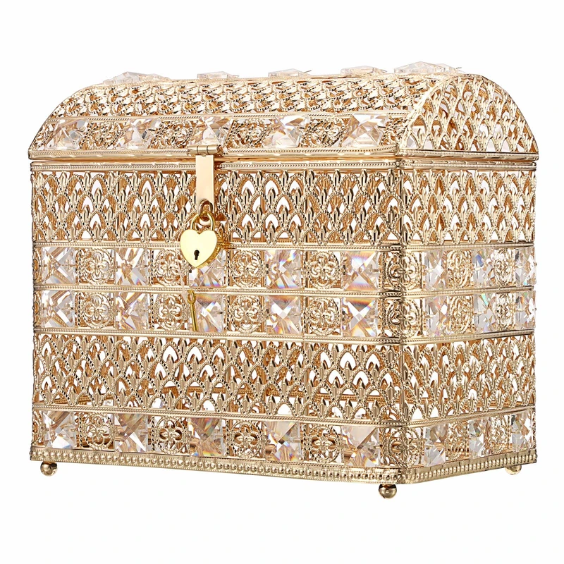ELLDOO Crystal Wedding Card Box with Heart Lock, Vintage Money Card Box Treasure Chest Style Gold Gift for Wedding Receptions, Centerpiece Decor, Anniversary Keepsake, Gift, Small Size