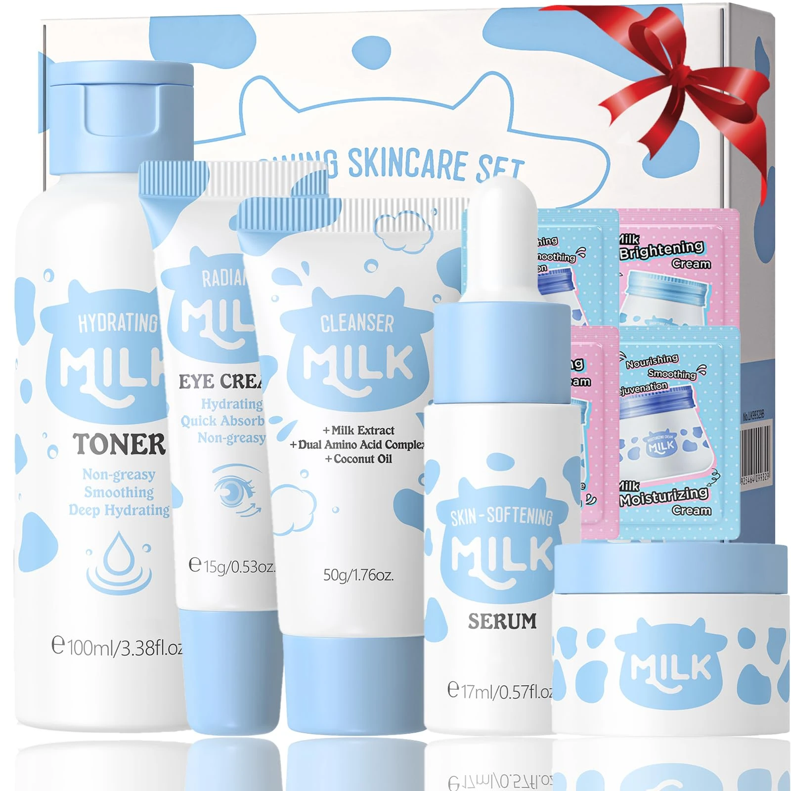 Milk Skin Care Sets & Kits - Teenage Girls Gifts - Milk Skincare Set For Kids - Gifts for Women with Cleanser, Toner, Serum, Eye Cream, Moisturizer & 4 Bag Moisturizing Cream, Deep Hydrating Smoothing