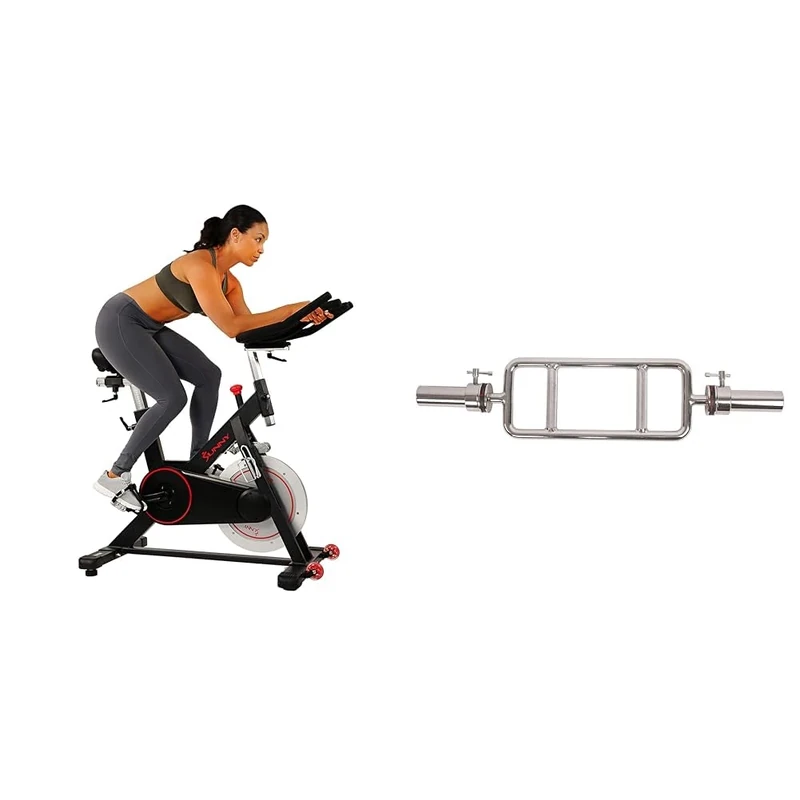 Sunny Health and Fitness Indoor Cycling Wheel W/Magnetic Belt Drive, 136kg Max Weight + 86 cm Olympic Triceps Bar with Ring Collars, Olympic Weight for Weightlifting and Bodybuilding