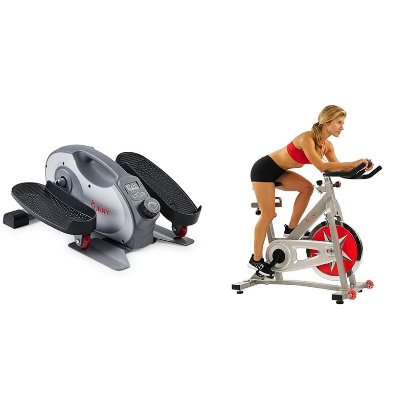 Sunny Health & Fitness Smart Portable Fully Assembled Magnetic Under Desk Elliptical Peddler + Indoor Studio Cycle Pro Exercise Bike with 18 KG Flywheel and Chain Drive