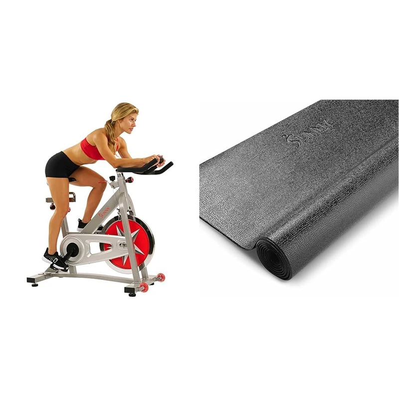 Sunny Health and Fitness Indoor Studio Cycle Pro Exercise Bike with 18 KG Flywheel + Treadmill Mat -Medium - NO. 074-M, Black