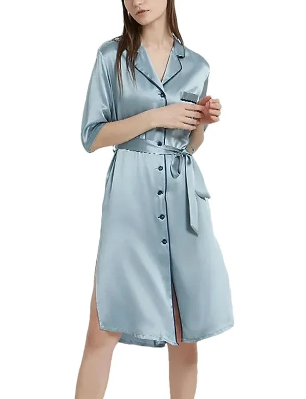 Luxury 19MM 100% Mulberry Silk Chemise - Women's Blue Satin Nightdress With High Slit, Breathable Sleepwear