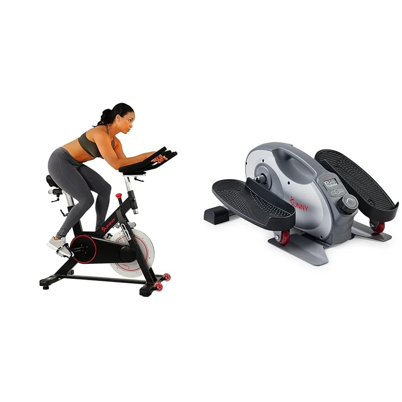 Sunny Health and Fitness Indoor Cycling Wheel W/Magnetic Belt Drive, 136kg Max Weight + Smart Portable Fully Assembled Magnetic Under Desk Elliptical Peddler, Foot & Leg Pedal Exerciser