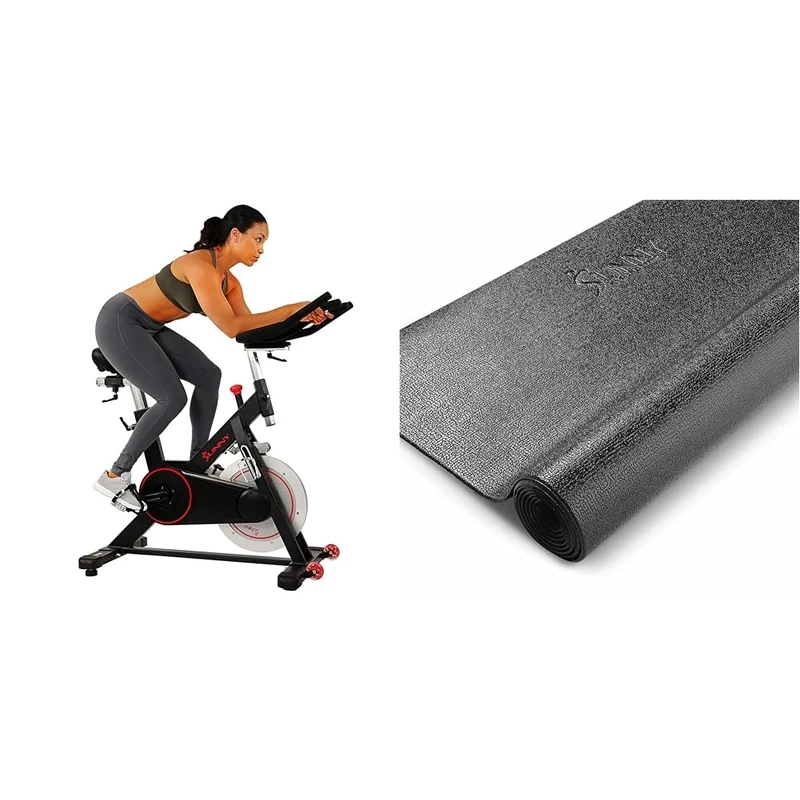 Sunny Health and Fitness Indoor Cycling Wheel W/Magnetic Belt Drive, 136kg Max Weight + Treadmill Mat -Medium - NO. 074-M, Black