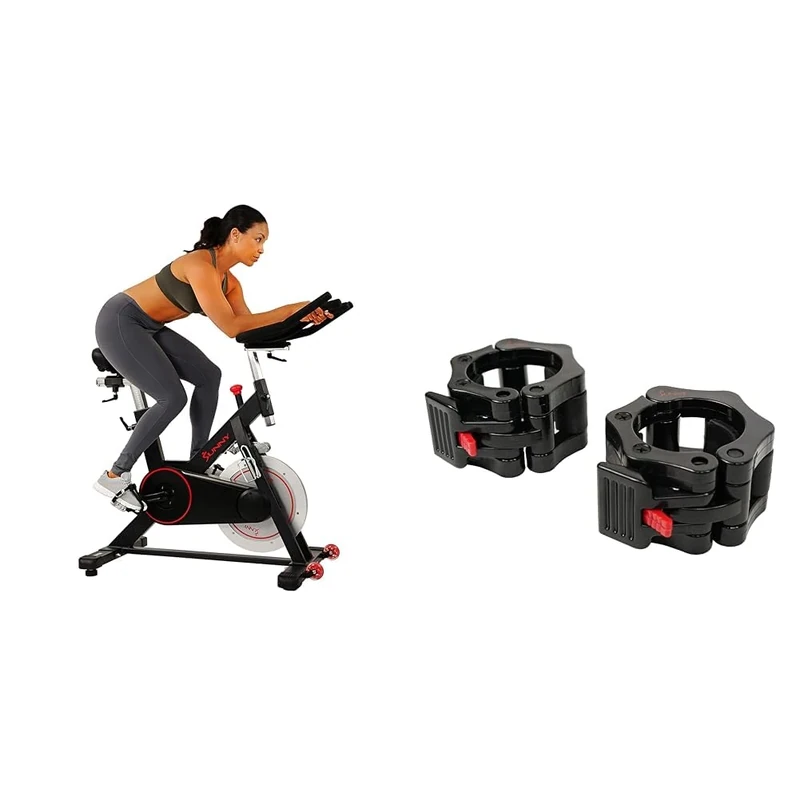 Sunny Health and Fitness Indoor Cycling Wheel W/Magnetic Belt Drive, 136kg Max Weight + Locking Collar Clamps with Quick Release for Olympic Barbells for Pro Training