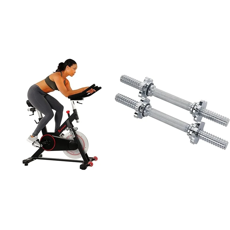 Sunny Health and Fitness Indoor Cycling Wheel W/Magnetic Belt Drive, 136kg Max Weight + 35.5 cm Threaded Chrome Dumbbell Bar