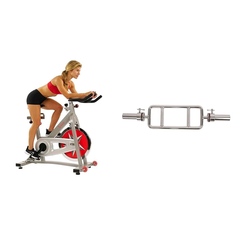 Sunny Health and Fitness Indoor Studio Cycle Pro Exercise Bike with 18 KG Flywheel + 86 cm Olympic Triceps Bar with Ring Collars, Olympic Weight for Weightlifting and Bodybuilding