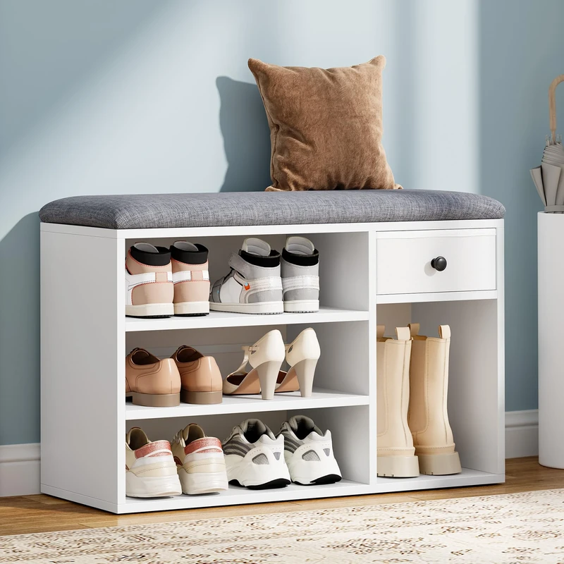 YITAHOME Shoe Bench, Storage Bench with Padded Seat, with Cushion, Shoe Storage Bench with Fabric Drawer and Open Compartments, for Living Room, Hallway, White and Grey