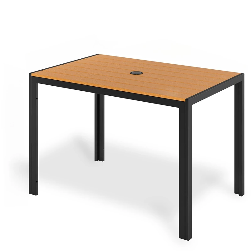 Clevich Garden Dining Table with Parasol Hole 110×70cmx73cm, Weatherproof Outdoor Table with WPC Slatted Tabletop, Aluminum Frame, Rectangular Table for Balcony/Backyard/Terrace (Seats 6, Teak Brown)