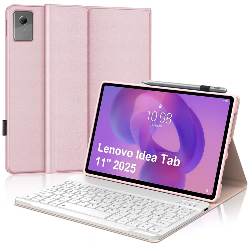 IVEOPPE Keyboard Case for Lenovo Idea Tab 11'' 2025, UK Layout Keyboard for Lenovo Idea Tab 11 inch, Cover with Magnetically Detachable Wireless Keypad, Pink
