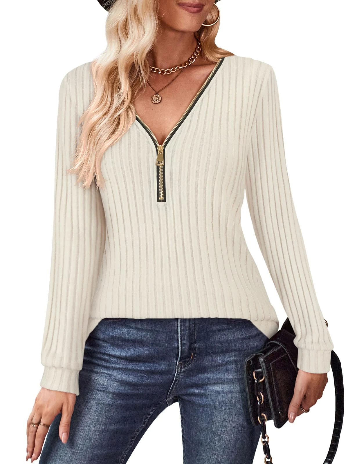 Gemulate Women v Neck Jumper Long Sleeve Nutmeg Clothing Fall Winter Striped Tops Sweatshirts Zip up Vintage Style Ladies Jumpers Apricot L