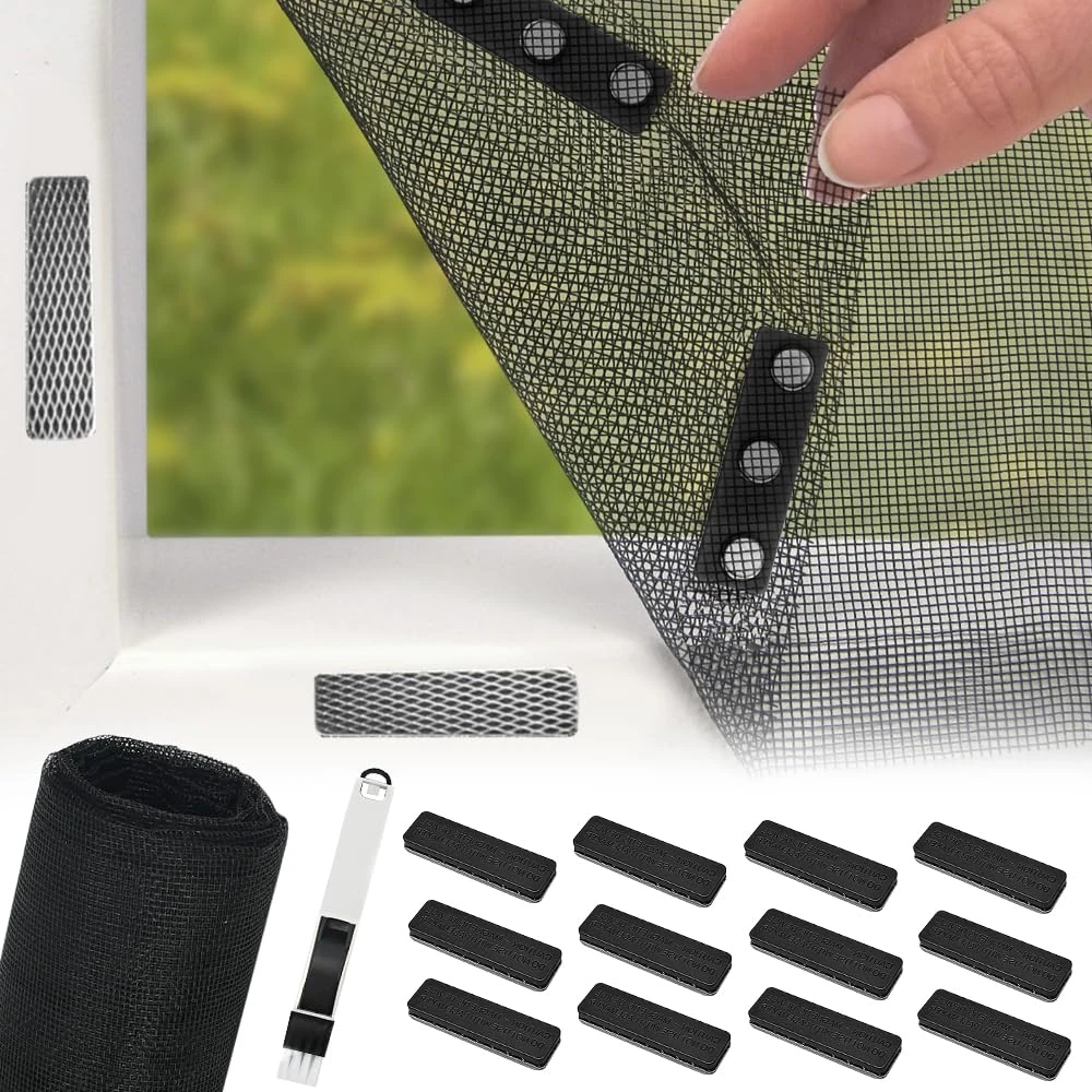 BUZIFU Fly Screen for Windows with Magnetic Fastening, Fiberglass Screen Mesh Window Adjustable DIY Max 150 x 500cm, Attach Mosquito net with 12 Magnets - No Drilling or Screwing (Black)