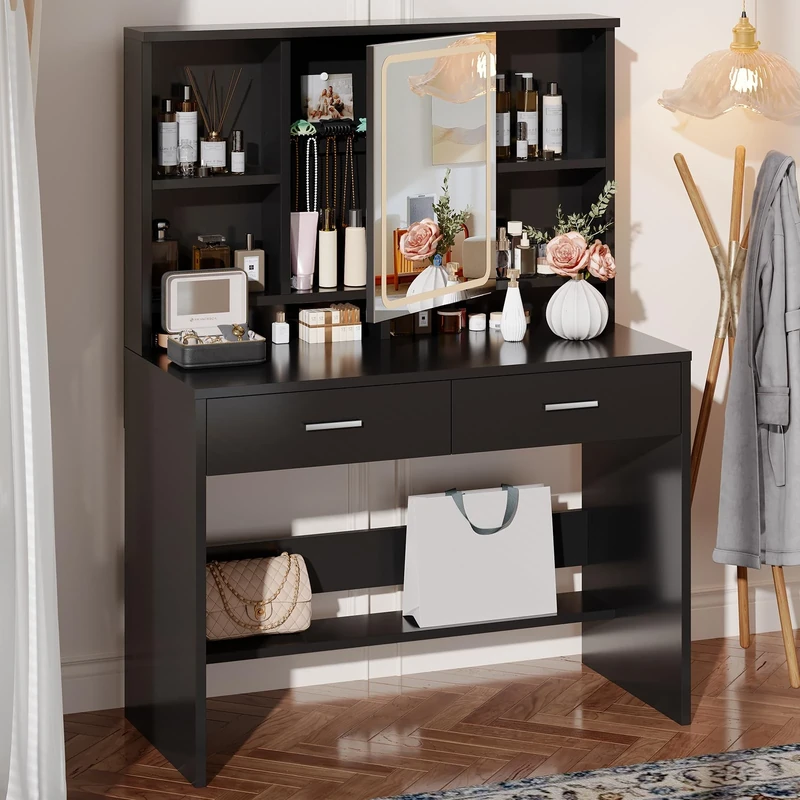 JUMMICO Dressing Table with LED Lighting,Vanity Table with Mirror and Jewelry Hooks,3 Colors Adjustable Brightness,Makeup Desk with 2 Drawers and 4 Open Shelves for Bedroom（Black）