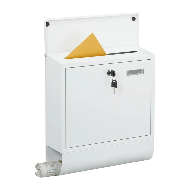Relaxdays letterbox with nameplate, 4 keys, newspaper holder, postbox, HxWxD: 41.5 x 37.5 x 14 cm, metal, white, Iron