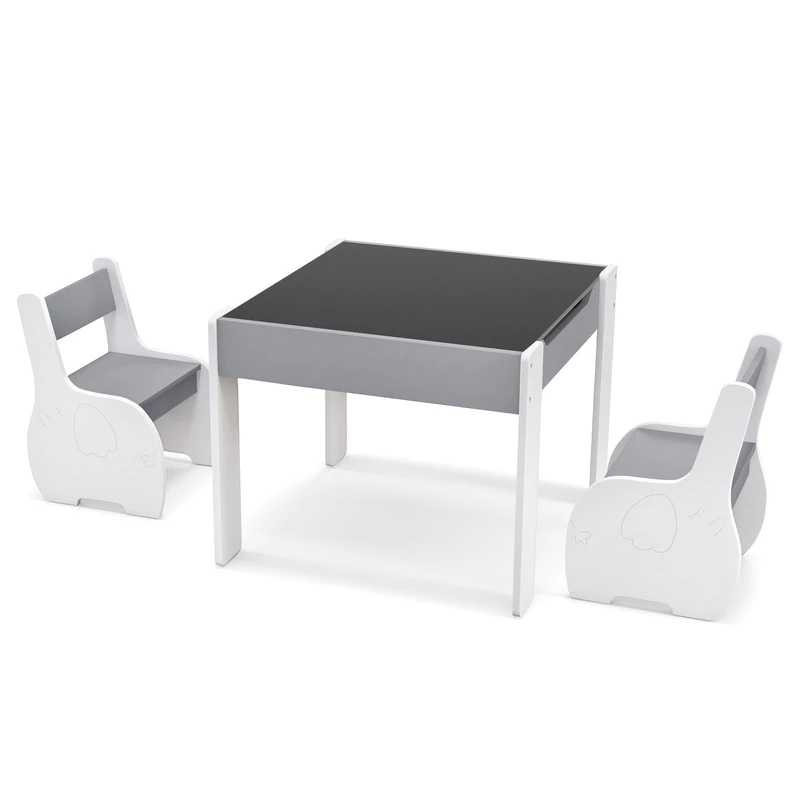 SFAREST Children Table and Chair Set, Kids Activity Table with 2 Chairs, Reversible Blackboard Tabletop & Storage Space, Wooden Toddler Furniture Set for Playing Studying Dining (Grey + White)